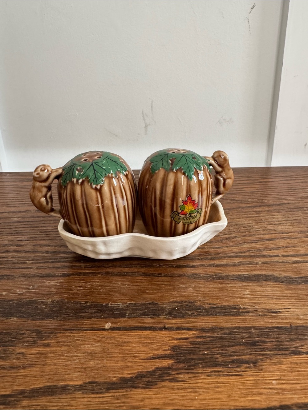 Vintage Maple Leaf Ceramic Salt & Pepper Shakers - Brown & Green
